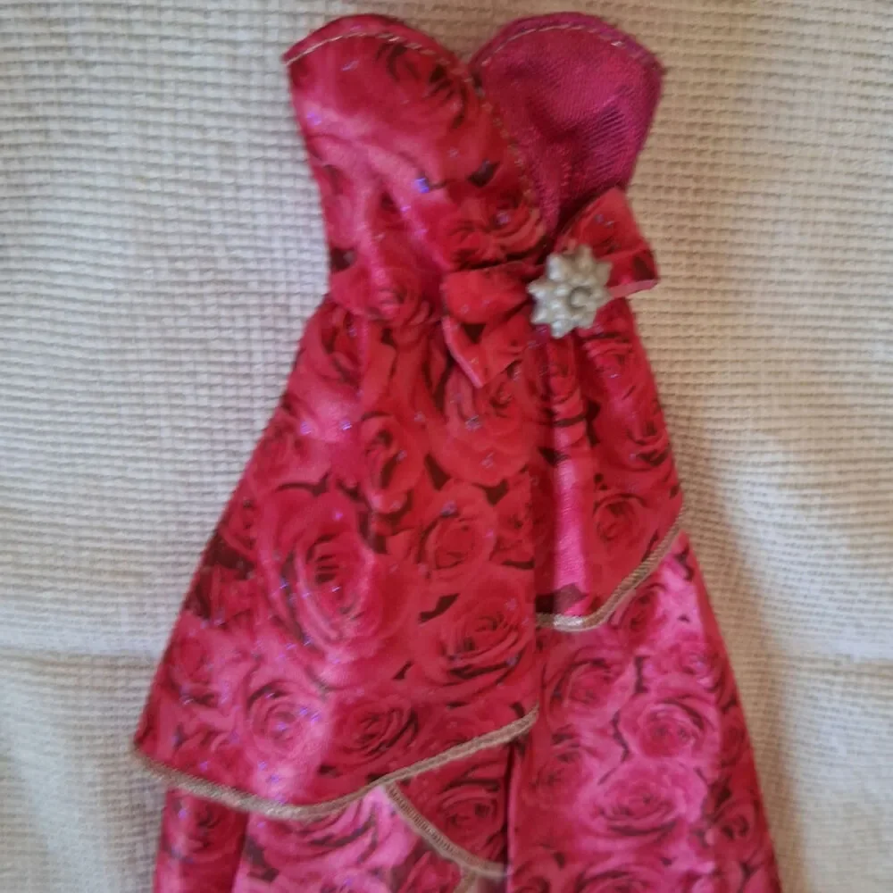 Barbie Doll Clothes Hot Pink Rose Floral High-Low Evening Gown Dress Glitter Gem